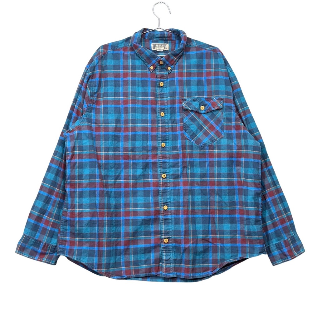 Duluth Trading Co Flannel Shirt Mens 2XL Blue Maroon Plaid Relaxed Fit